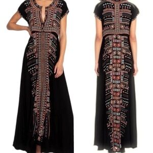 Johnny Was Biya Effy Challis Black Fully Embroidered Maxi Dress NWT